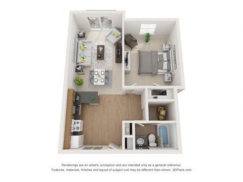 Floor plan for 1 bed, 1 bath, 679 sqft